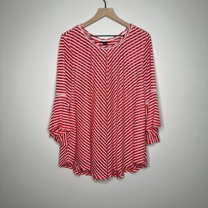 New Directions Womens‎ Top 2X Red Curvy Striped Flowy Bell Sleeve Sheer